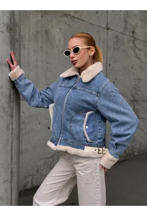 Kadın Yakası Peluş Kot Ceket