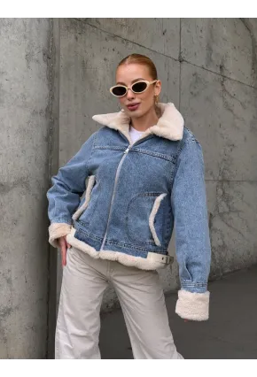 Kadın Yakası Peluş Kot Ceket