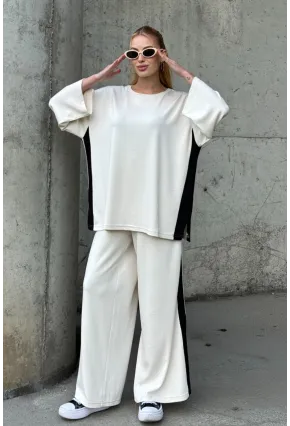 Kadın Yanları Şerit Detay Alt Üst Takım Beyaz