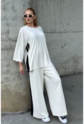 Kadın Yanları Şerit Detay Alt Üst Takım Beyaz