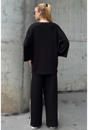 Kadın Yanları Şerit Detay Alt Üst Takım Siyah