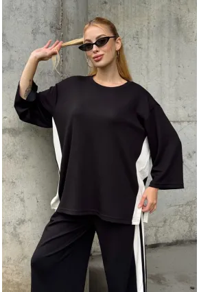 Kadın Yanları Şerit Detay Alt Üst Takım Siyah