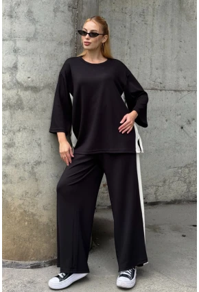 Kadın Yanları Şerit Detay Alt Üst Takım Siyah