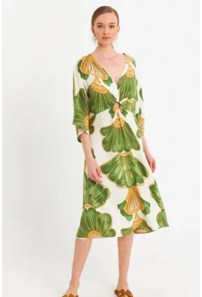 Kadın Yeşil-Beyaz Desenli Pencereli Midi Elbise Q1003