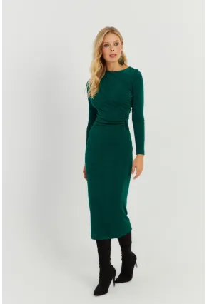 Kadın Yeşil Büzgülü Buzi Midi Elbise KED147