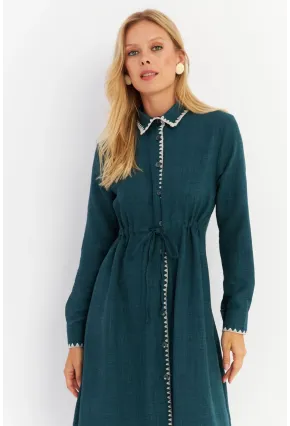 Kadın Yeşil Garnili Gömlek Midi Elbise MASF10
