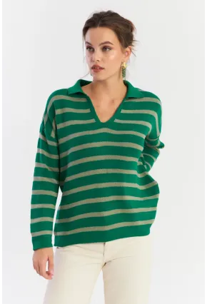 Kadın Yeşil-Gri Polo Yaka Çizgili Triko Kazak COL01