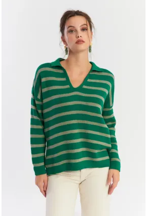 Kadın Yeşil-Gri Polo Yaka Çizgili Triko Kazak COL01