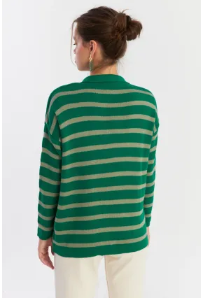 Kadın Yeşil-Gri Polo Yaka Çizgili Triko Kazak COL01