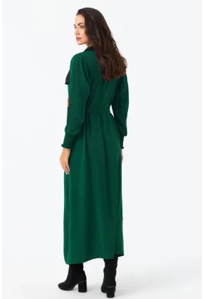 Kadın Yeşil Kolları Pileli Kemerli Maxi Elbise MASF124