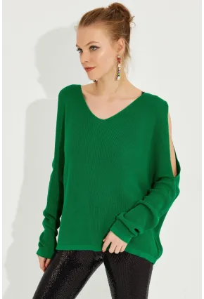 Kadın Yeşil Kolu Yırtmaçlı Triko Bluz SMT221