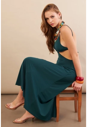 Kadın Zümrüt Yeşil Sırtı Açık Halter Yaka Midi Elbise AN7036