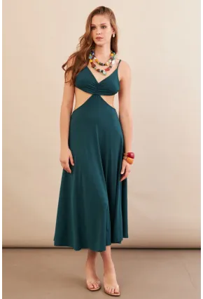 Kadın Zümrüt Yeşil Sırtı Açık Halter Yaka Midi Elbise AN7036