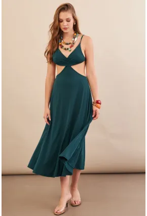 Kadın Zümrüt Yeşil Sırtı Açık Halter Yaka Midi Elbise AN7036