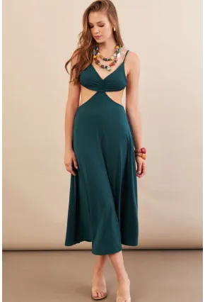 Kadın Zümrüt Yeşil Sırtı Açık Halter Yaka Midi Elbise AN7036