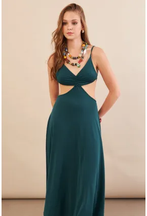 Kadın Zümrüt Yeşil Sırtı Açık Halter Yaka Midi Elbise AN7036