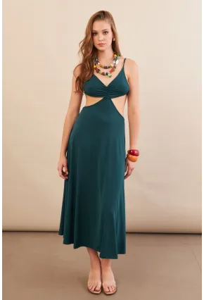 Kadın Zümrüt Yeşil Sırtı Açık Halter Yaka Midi Elbise AN7036