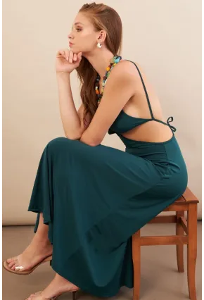 Kadın Zümrüt Yeşil Sırtı Açık Halter Yaka Midi Elbise AN7036