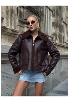 Kahverengi Çift Cepli İçi Suni Kürklü Biker Mont