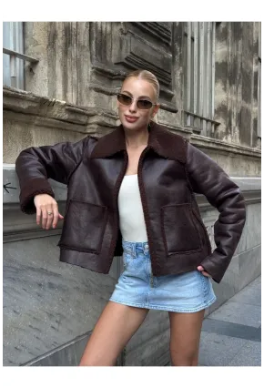 Kahverengi Çift Cepli İçi Suni Kürklü Biker Mont