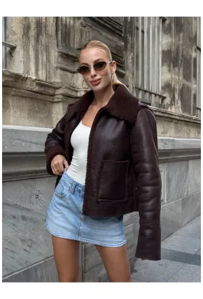 Kahverengi Çift Cepli İçi Suni Kürklü Biker Mont