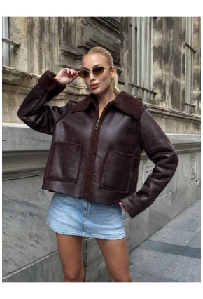 Kahverengi Çift Cepli İçi Suni Kürklü Biker Mont