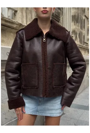 Kahverengi Çift Cepli İçi Suni Kürklü Biker Mont