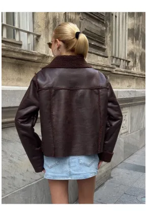 Kahverengi Çift Cepli İçi Suni Kürklü Biker Mont