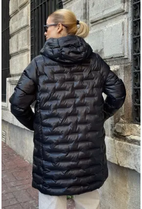 Kapitoneli Fermuarlı Kapüşonlu Uzun Şişme Mont