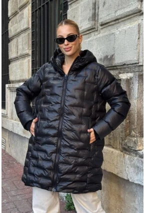 Kapitoneli Fermuarlı Kapüşonlu Uzun Şişme Mont