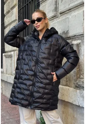 Kapitoneli Fermuarlı Kapüşonlu Uzun Şişme Mont