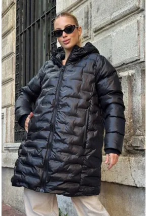 Kapitoneli Fermuarlı Kapüşonlu Uzun Şişme Mont