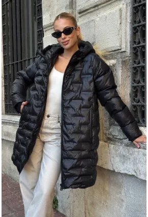 Kapitoneli Fermuarlı Kapüşonlu Uzun Şişme Mont