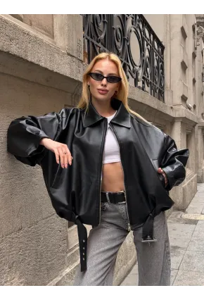 Kemerli Yarasa Kol Deri Ceket