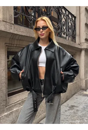 Kemerli Yarasa Kol Deri Ceket