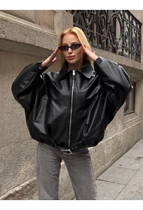 Kemerli Yarasa Kol Deri Ceket