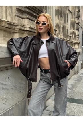 Kemerli Yarasa Kol Deri Ceket