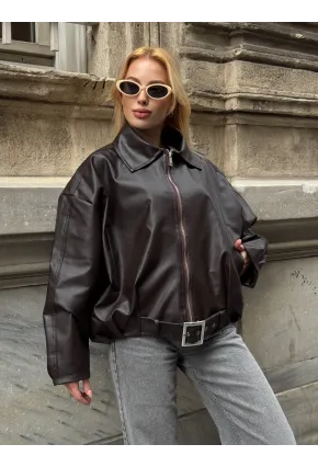 Kemerli Yarasa Kol Deri Ceket