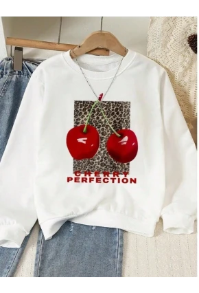 Kiraz Baskılı Oversize 3 İplik Sweat Beyaz