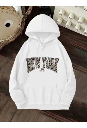 Leopar Detay New York Baskılı Oversize 3 İplik Kapüşonlu Sweat