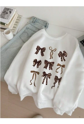 Leopar Fiyonk Desenli Üç İplik Oversize Sweatshirt