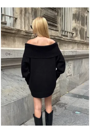 Madonna Yaka Siyah Triko Bluz Elbise