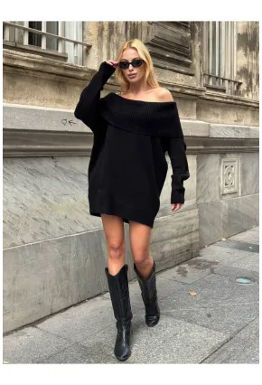 Madonna Yaka Siyah Triko Bluz Elbise