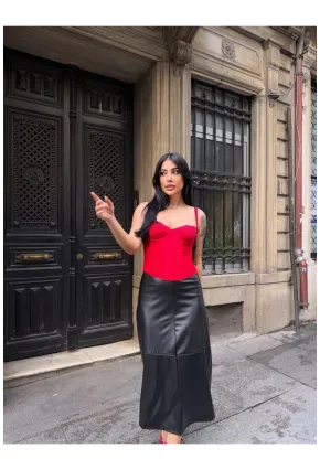 Midi Boy Siyah Deri Etek