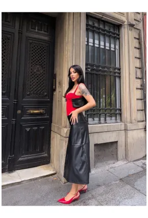 Midi Boy Siyah Deri Etek