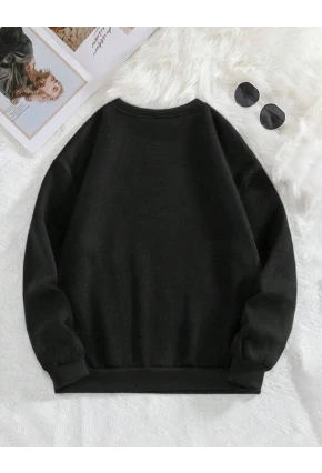 Minimal Fiyonk Baskılı Üç İplik Siyah Sweatshirt