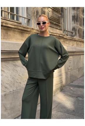 Modal Kumaş Haki Oversize Sweat İkili Takım