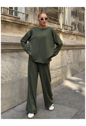 Modal Kumaş Haki Oversize Sweat İkili Takım