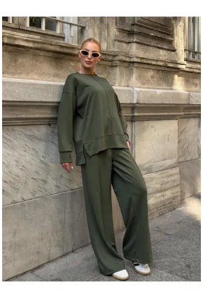Modal Kumaş Haki Oversize Sweat İkili Takım