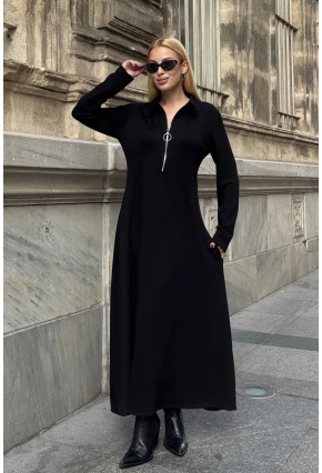 Polo Yaka Fermuarlı Çift Cep Rahat Kesim Elbise